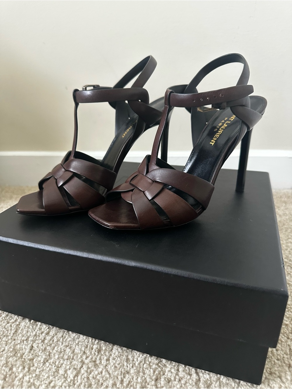 Authentic Saint Laurent Tribute T-Strap Leather Sandals Heels Brown Size 37 - Picture 2 of 13